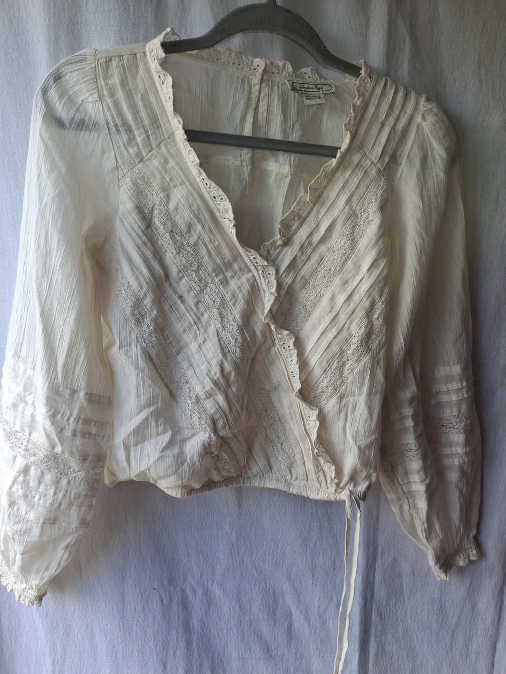 American Eagle Outfitters Cream Lace-Trim Wrap Blouse